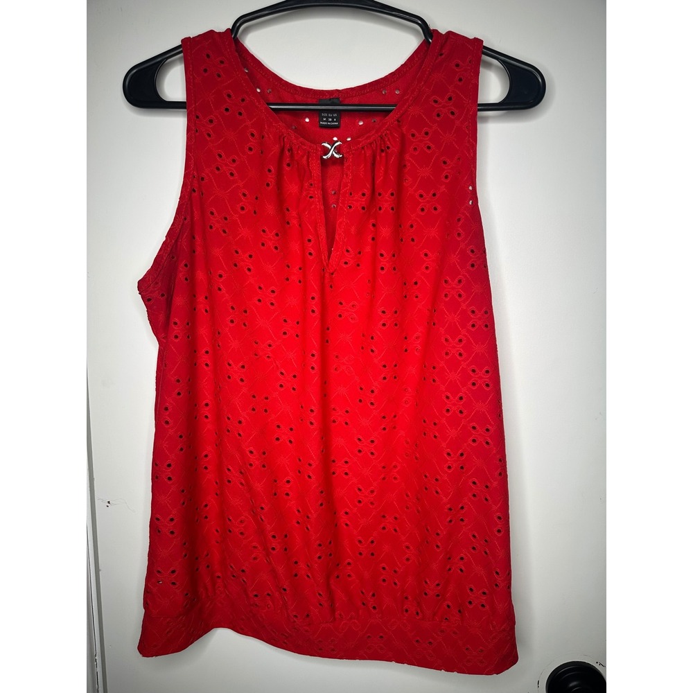 Shein Red Eyelet Sleeveless Blouse Silver X Keyhole Top Size 6 Medium